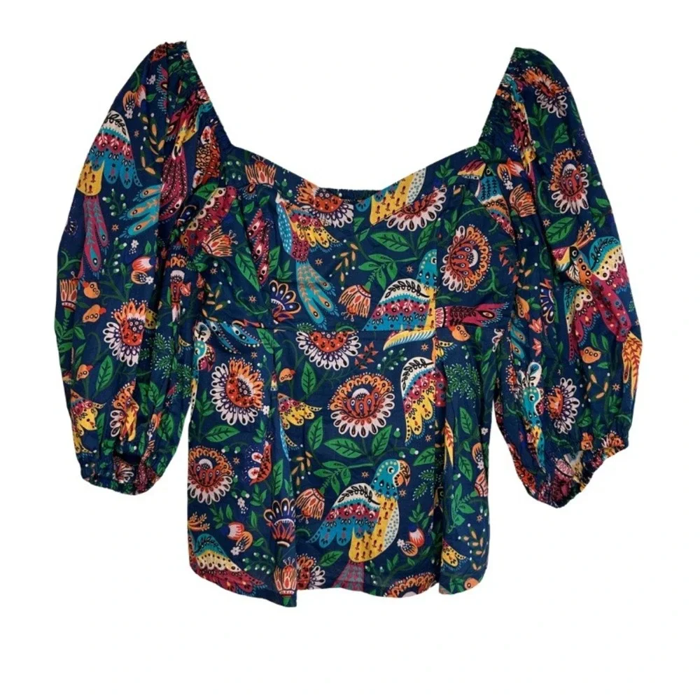 FARM Rio Tropical Birds Blouse NWOT Size XS Navy Blue Puff Sleeve Cotton Top